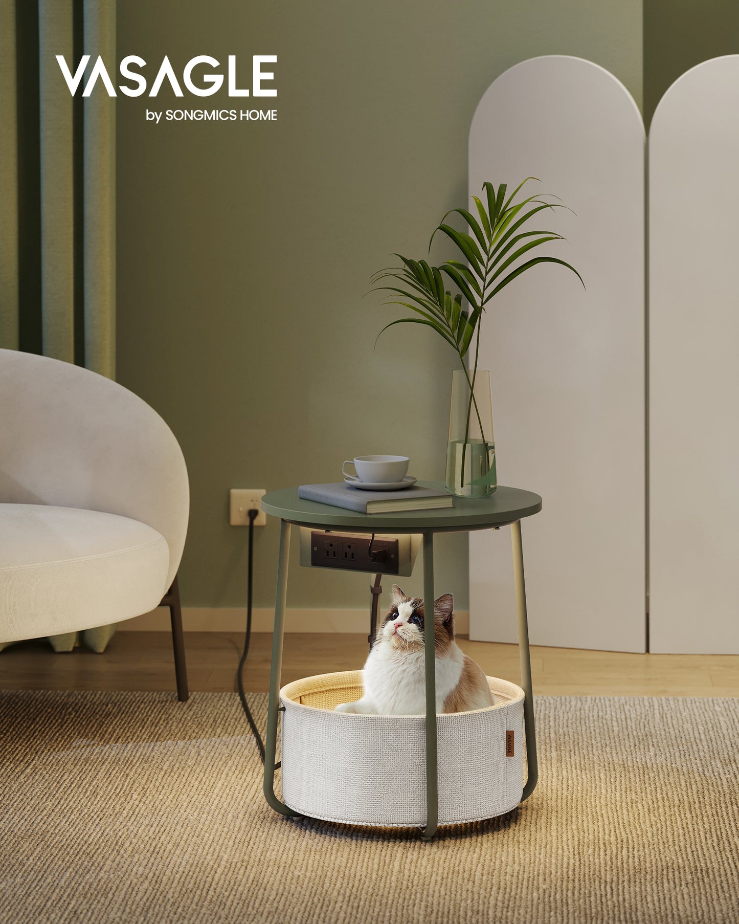 Round LED Side Table with USB Ports & Power Outlets, Fabric Storage Basket, Modern Nightstand for Home Decor, Forest Green