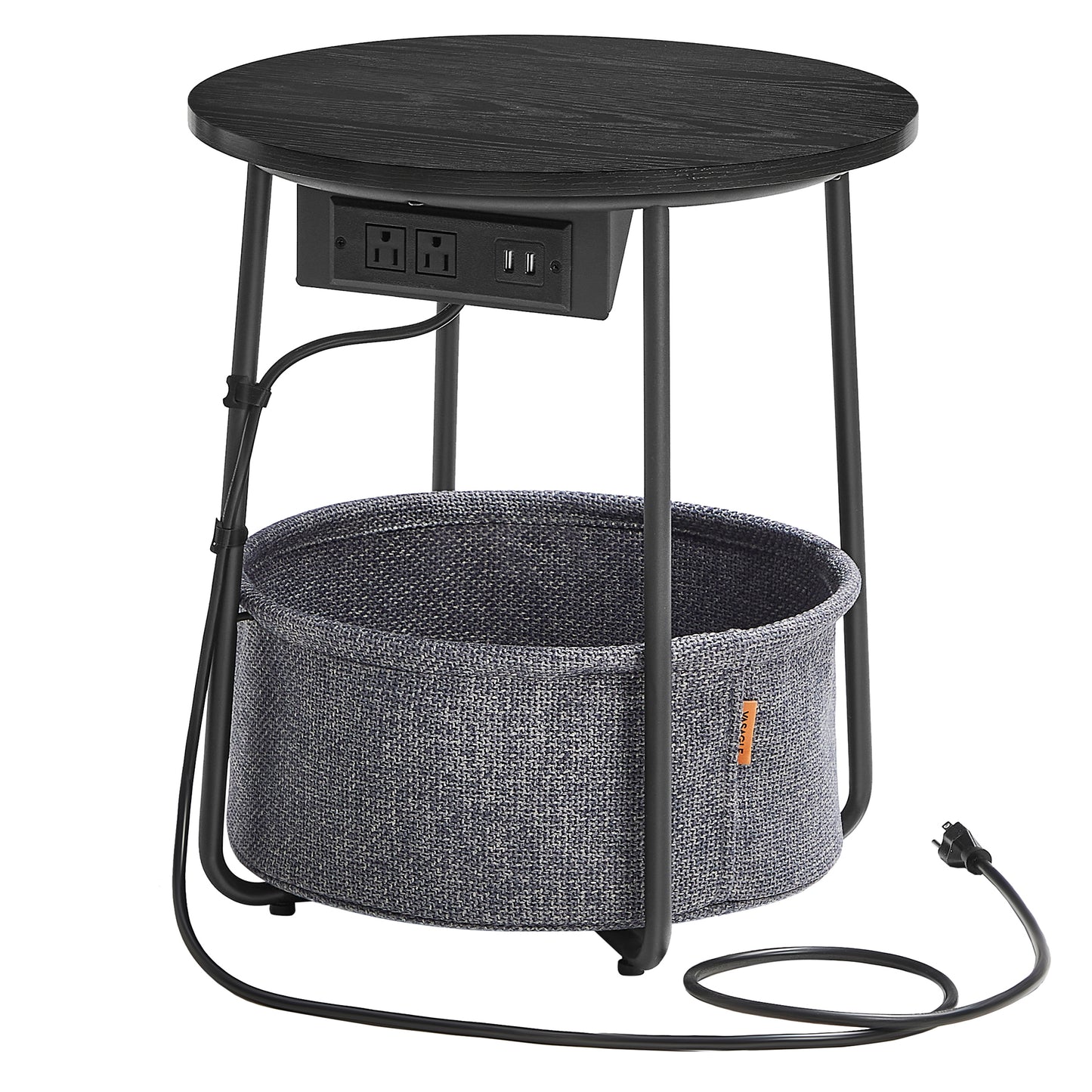 VASAGLE Side Table with Charging Station, Round End Table With Fabric Basket, Nightstand with Power Outlets USB Ports, for Living Room, Bedroom, Modern
