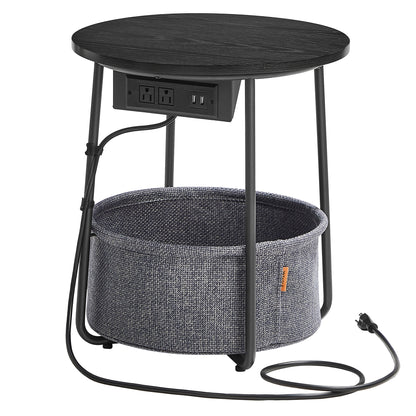 VASAGLE Side Table with Charging Station, Round End Table With Fabric Basket, Nightstand with Power Outlets USB Ports, for Living Room, Bedroom, Modern