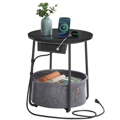 VASAGLE Side Table with Charging Station, Round End Table With Fabric Basket, Nightstand with Power Outlets USB Ports, for Living Room, Bedroom, Modern