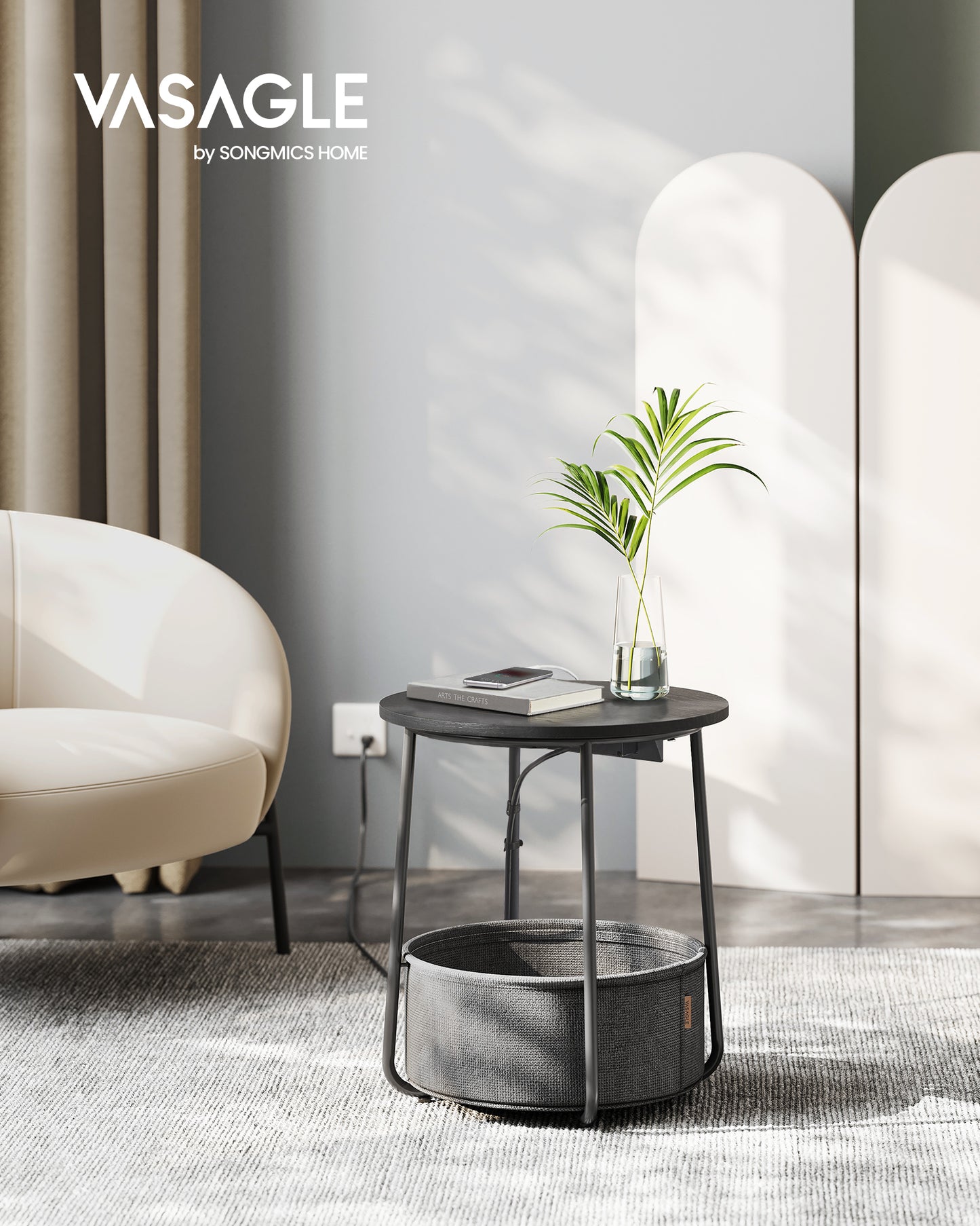 VASAGLE Side Table with Charging Station, Round End Table With Fabric Basket, Nightstand with Power Outlets USB Ports, for Living Room, Bedroom, Modern