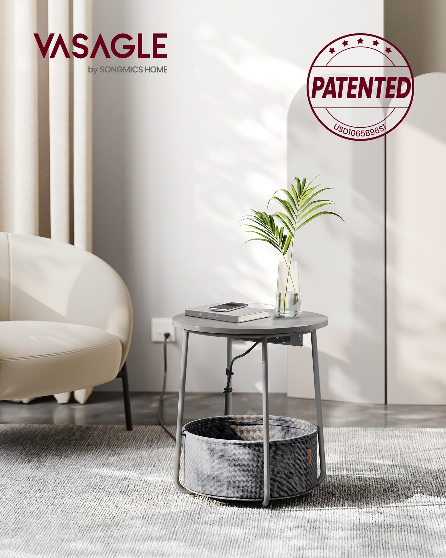 Round End Table with Built-in Charging Station - 2 Outlets & 2 USB Ports, Fabric Storage Basket, Sturdy Steel Legs - Nightstand for Bedroom, Living Room - Dove Gray