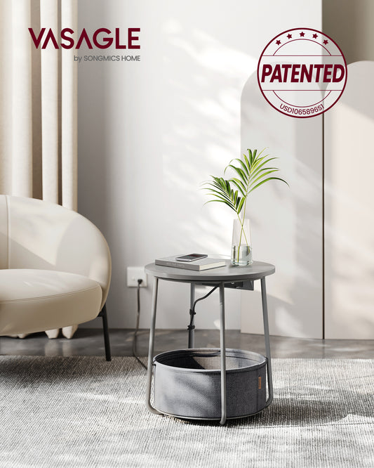 Round End Table with Built-in Charging Station - 2 Outlets & 2 USB Ports, Fabric Storage Basket, Sturdy Steel Legs - Nightstand for Bedroom, Living Room - Dove Gray