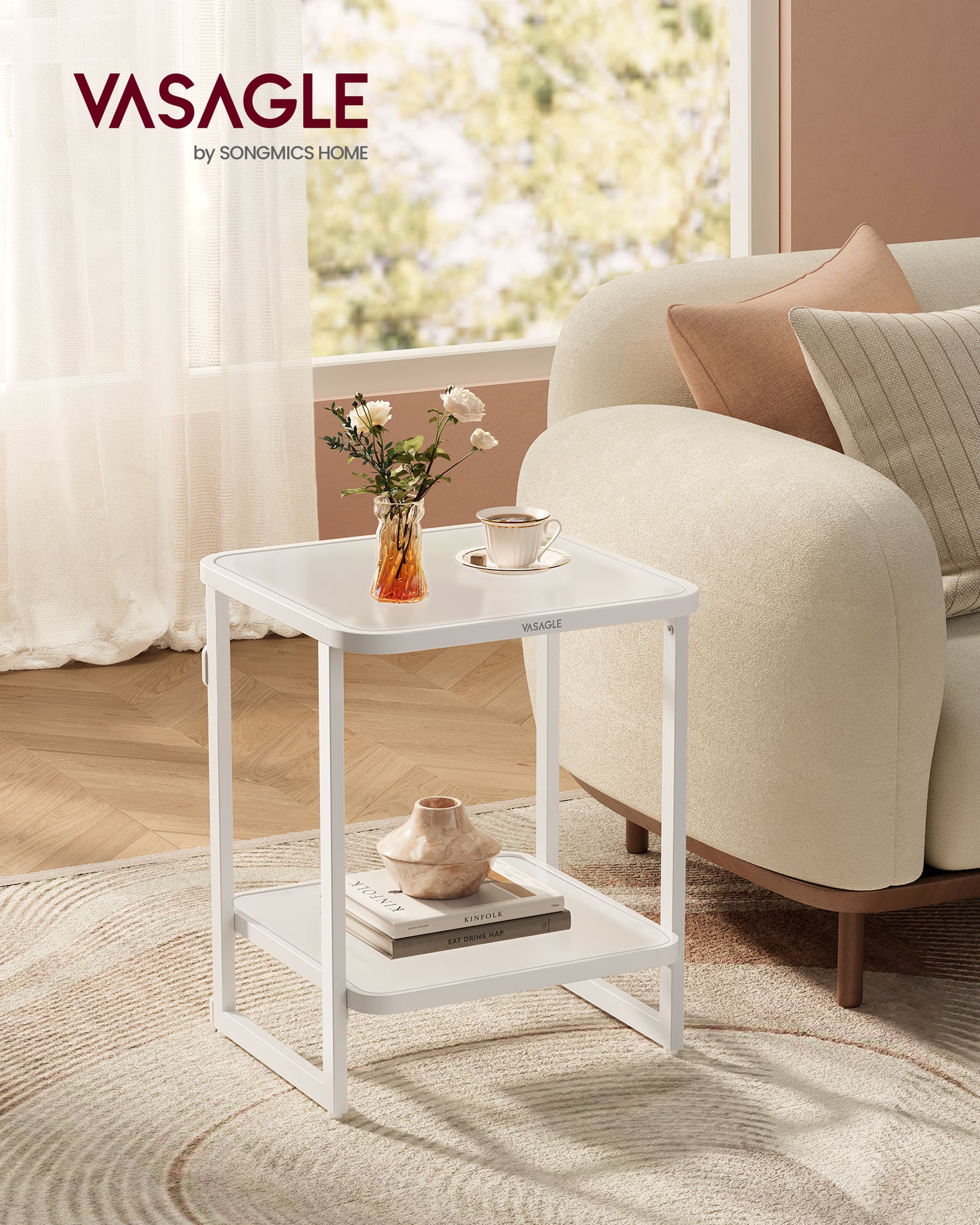 Cloud White & Pearl White End Table - 2 - Tier Side Table with LED Lights. Modern Nightstand with Frosted Glass and Bottom Shelf for Bedroom