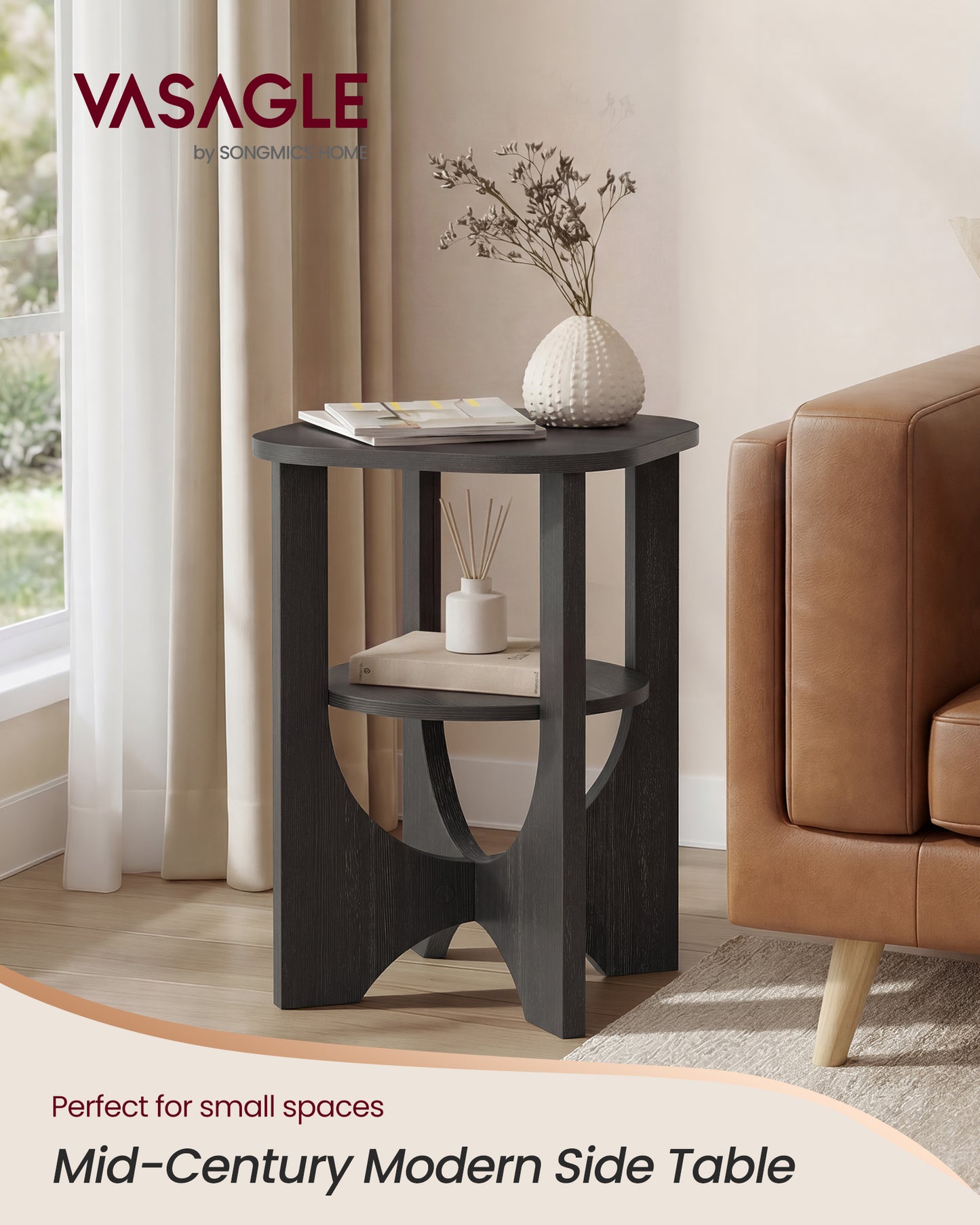 VASAGLE Side Table, 2 Tier Small Accent End Table, Nightstand with Lower Shelf for Small Spaces, Living Room, Bedroom, Charcoal Gray