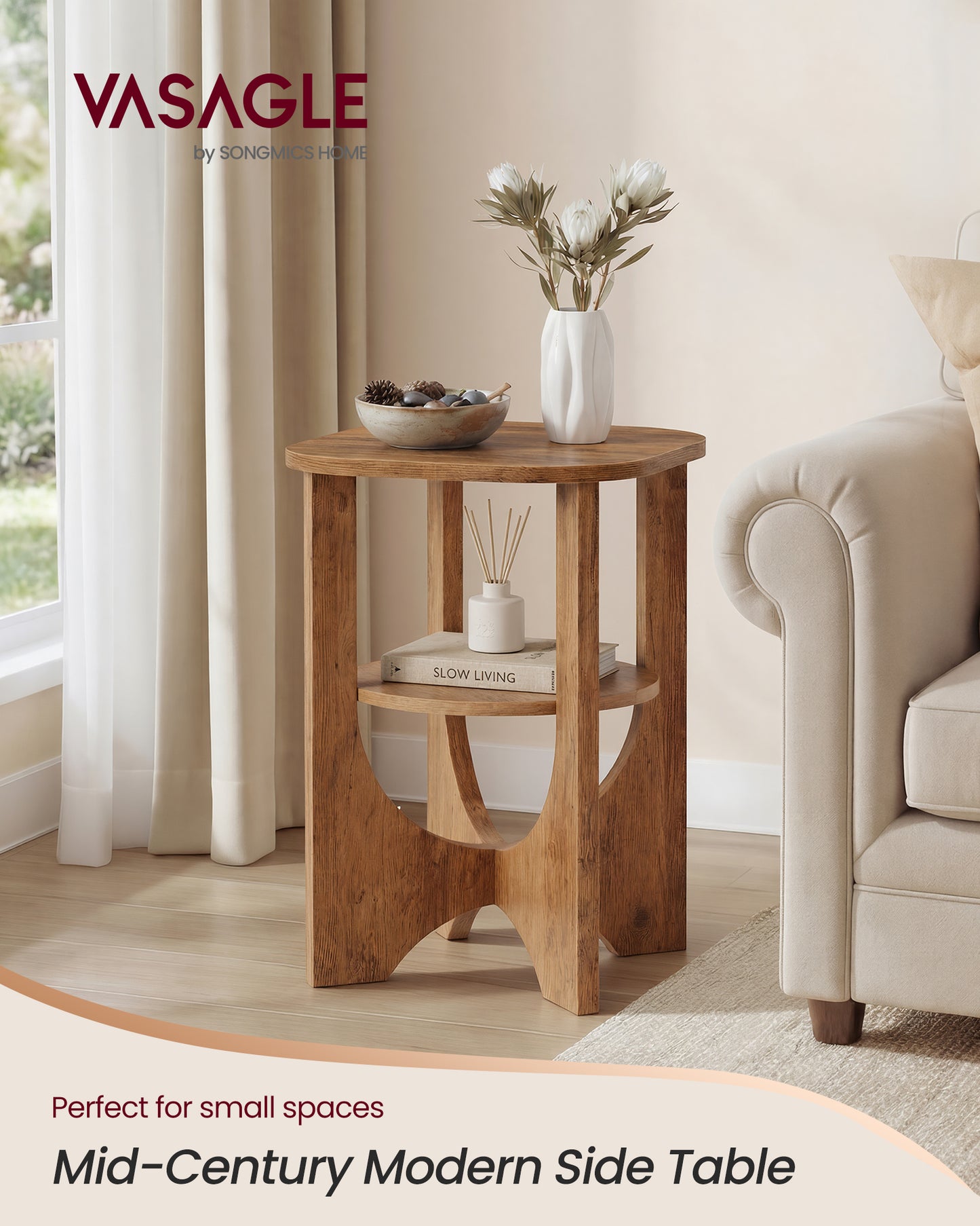 VASAGLE Side Table, 2 Tier Small Accent End Table, Nightstand with Lower Shelf for Small Spaces, Living Room, Bedroom, Honey Brown