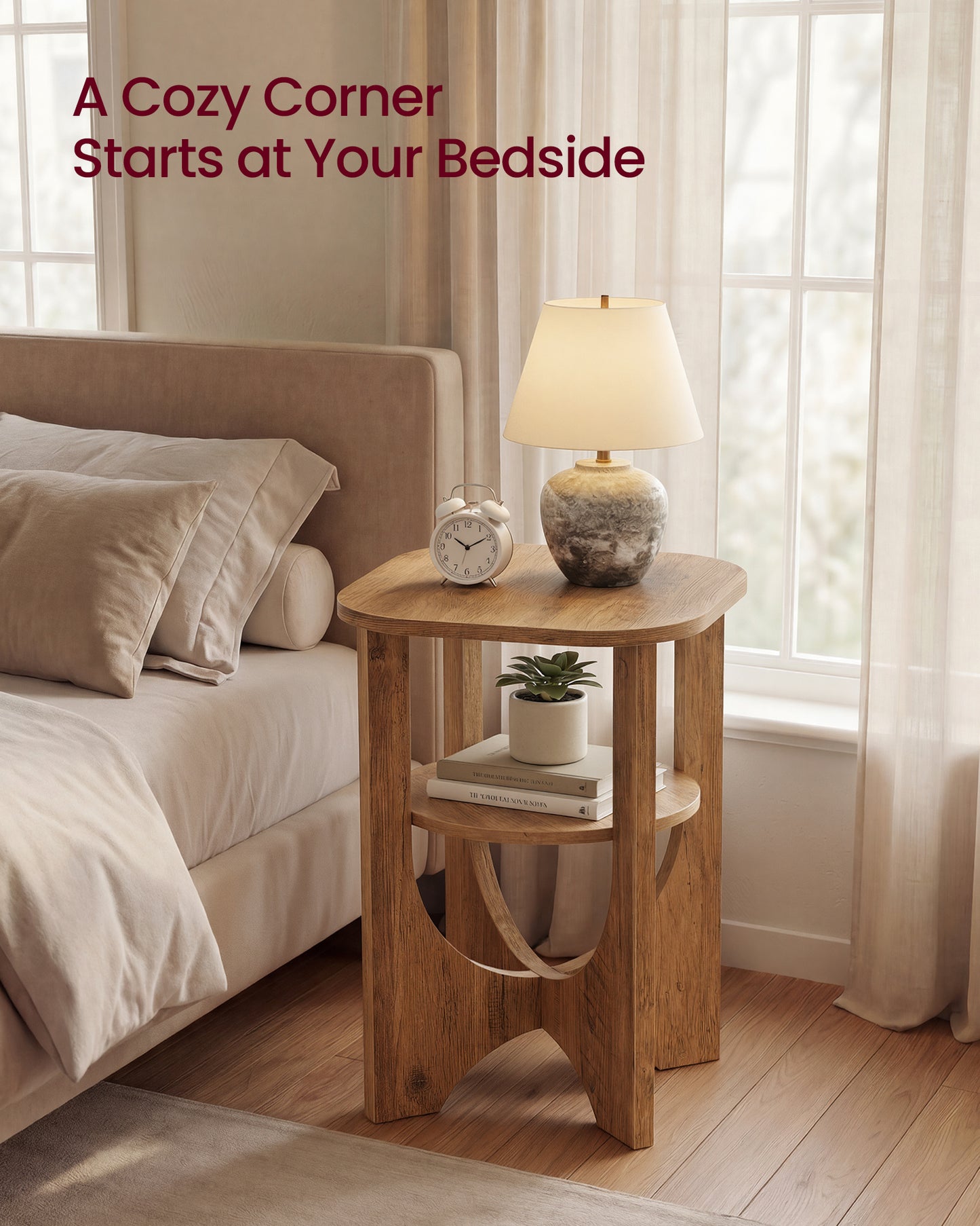 VASAGLE Side Table, 2 Tier Small Accent End Table, Nightstand with Lower Shelf for Small Spaces, Living Room, Bedroom, Honey Brown