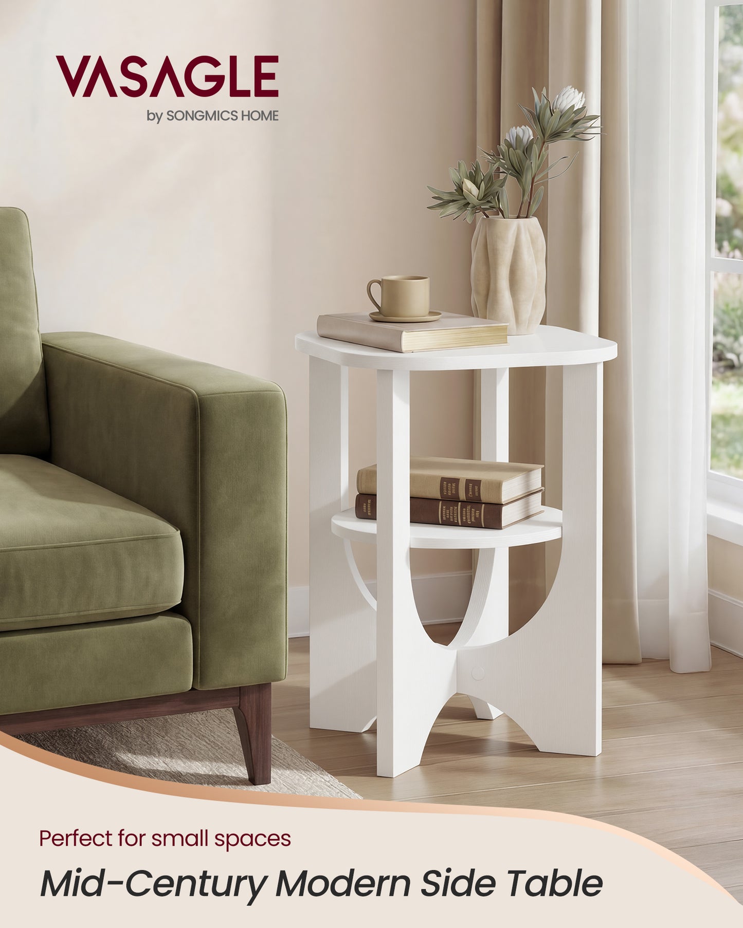 VASAGLE Side Table, 2 Tier Small Accent End Table, Nightstand with Lower Shelf for Small Spaces, Living Room, Bedroom, Cloud White