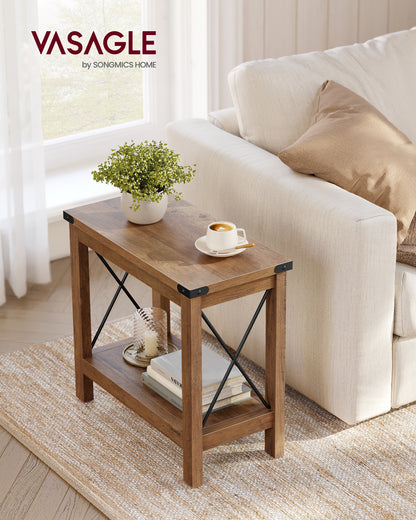 LEDREM Farmhouse Style 2-Tier Side Table with Bottom Shelf, Compact End Table for Living Room & Bedroom, Nightstand for Small Spaces, Honey Brown
