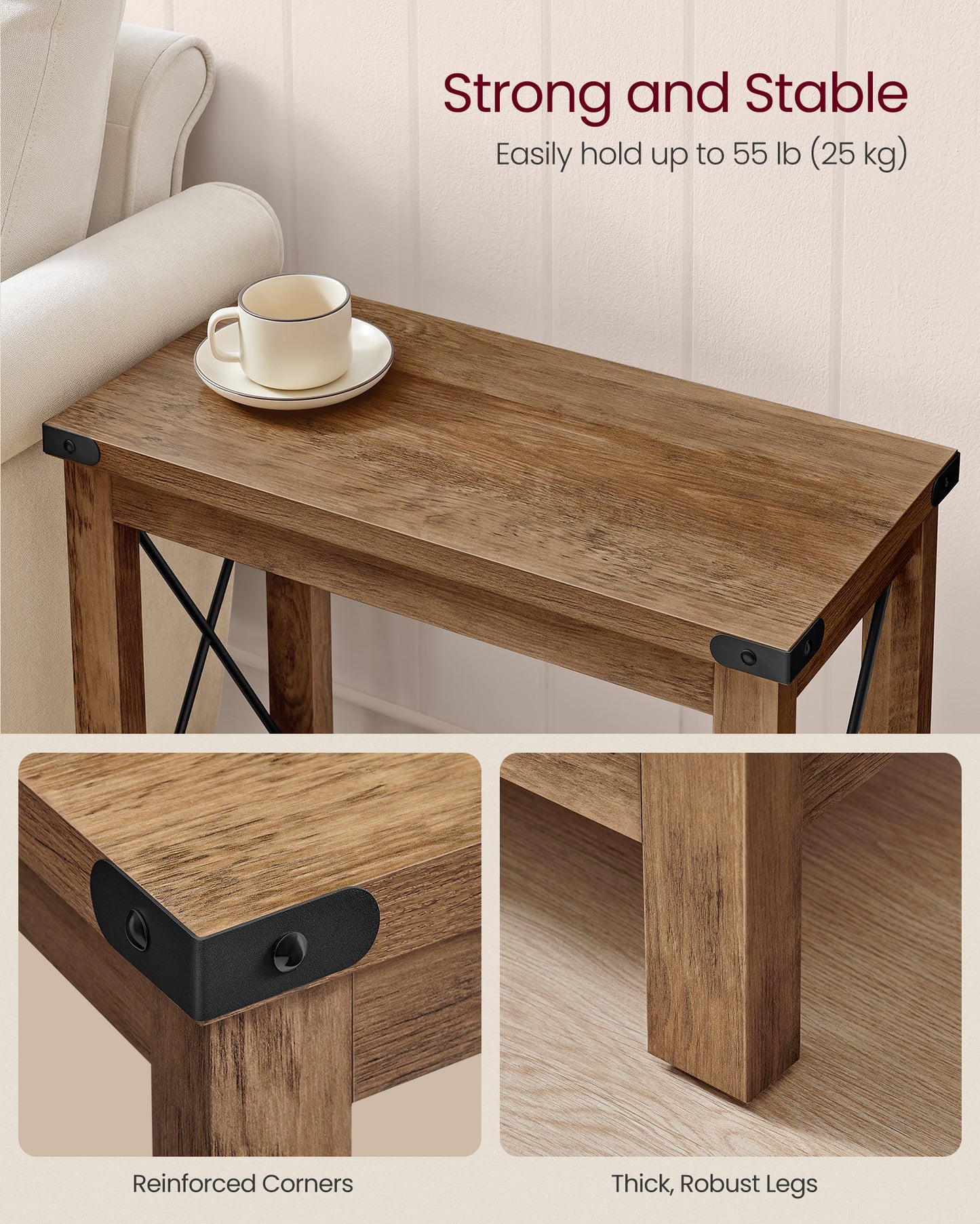 LEDREM Farmhouse Style 2-Tier Side Table with Bottom Shelf, Compact End Table for Living Room & Bedroom, Nightstand for Small Spaces, Honey Brown