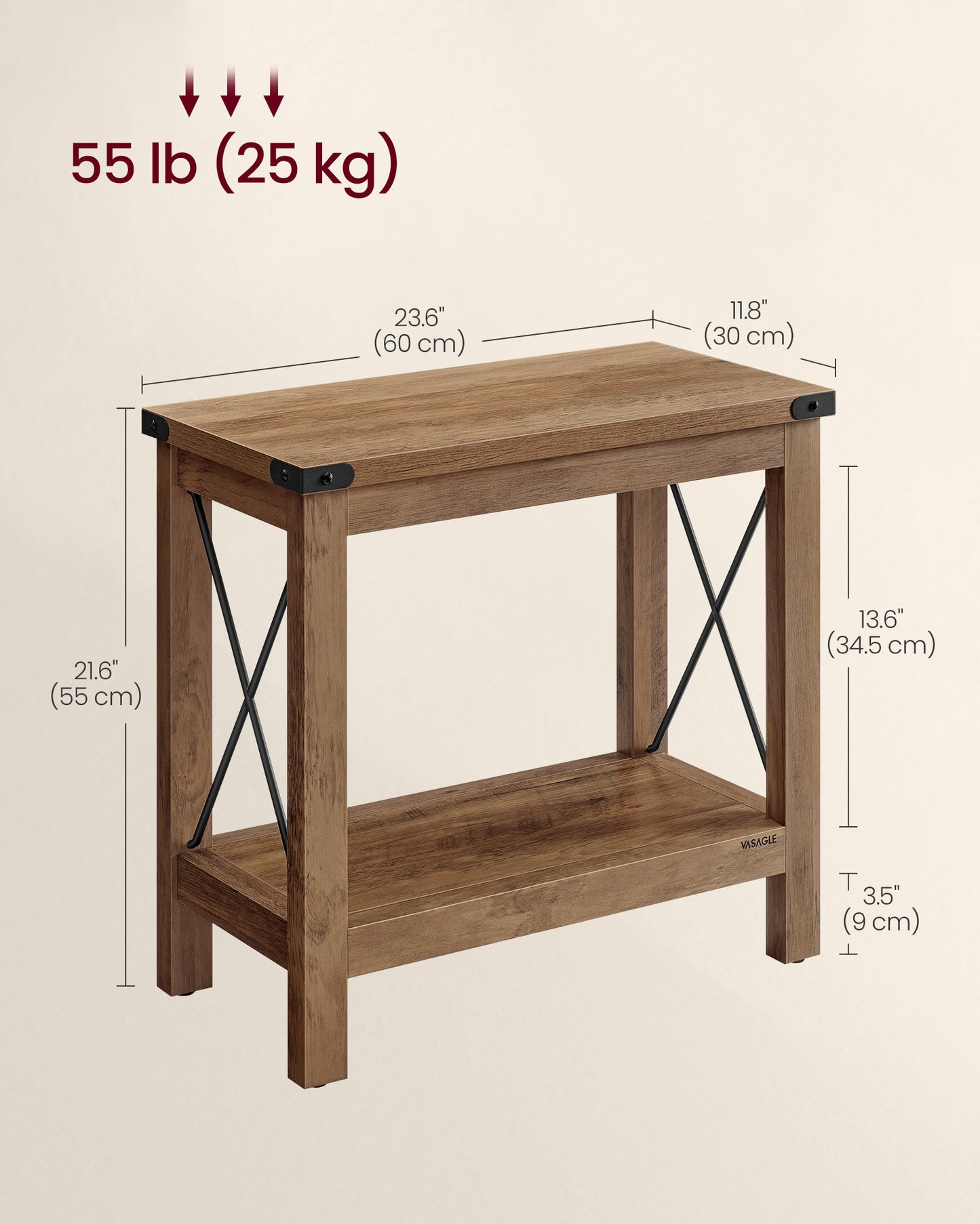 LEDREM Farmhouse Style 2-Tier Side Table with Bottom Shelf, Compact End Table for Living Room & Bedroom, Nightstand for Small Spaces, Honey Brown