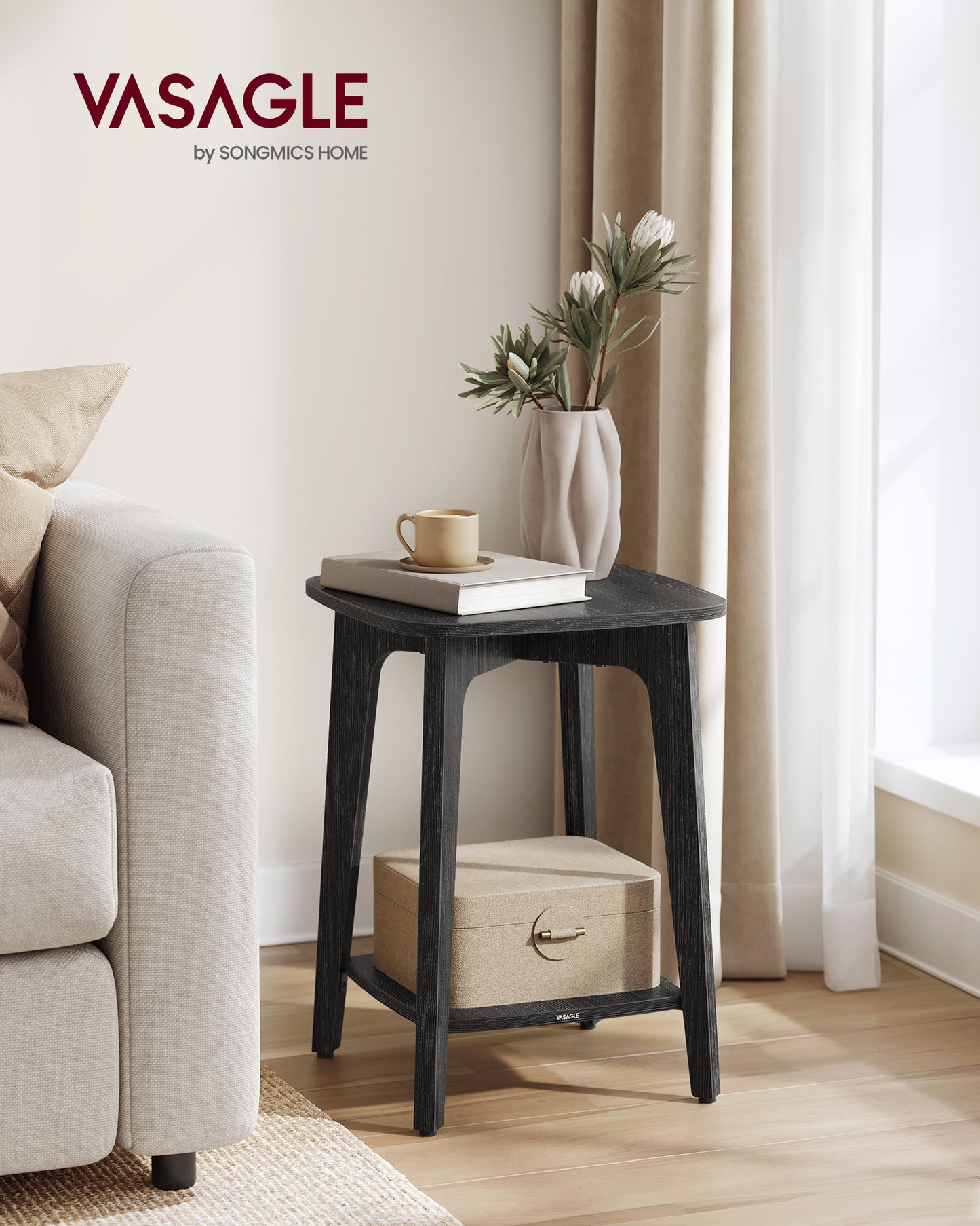 LEDREM Modern Square Side Table with Lower Shelf, 2-Tier Small End Table/Nightstand, Space-Saving 15.7x15.7x21.5 Inch, Charcoal Gray