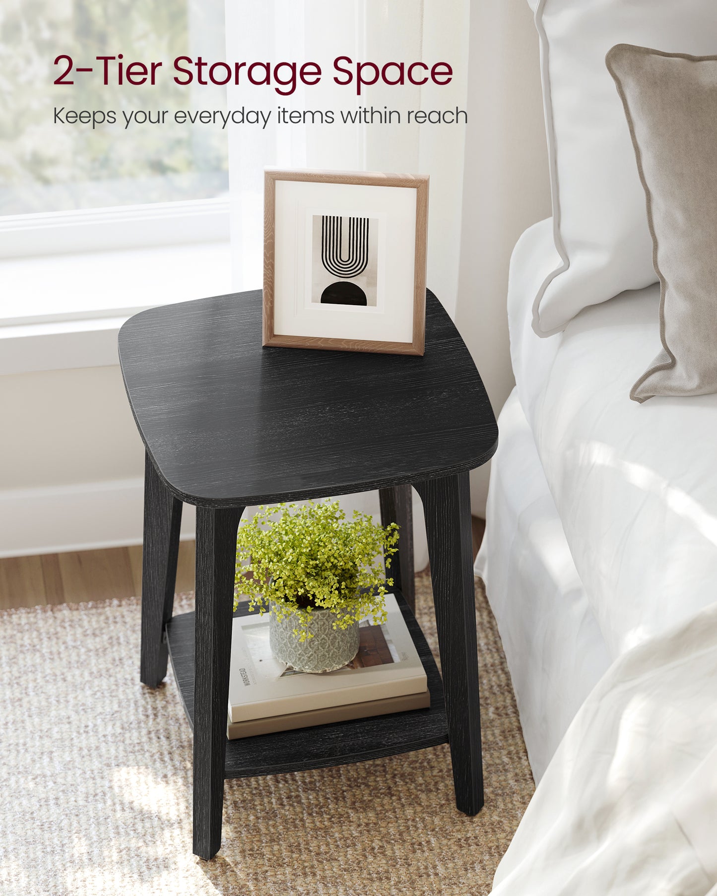 LEDREM Modern Square Side Table with Lower Shelf, 2-Tier Small End Table/Nightstand, Space-Saving 15.7x15.7x21.5 Inch, Charcoal Gray