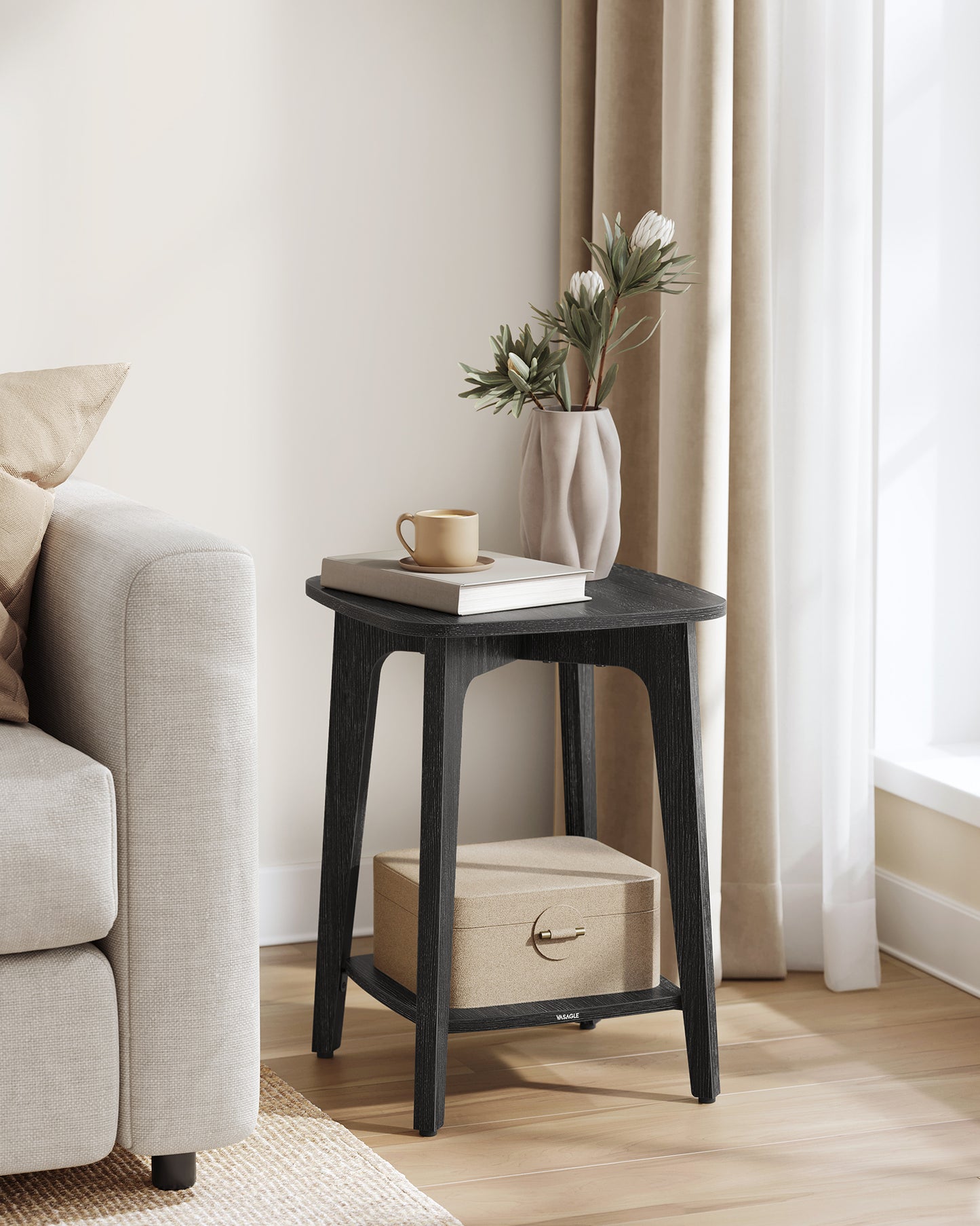 LEDREM Modern Square Side Table with Lower Shelf, 2-Tier Small End Table/Nightstand, Space-Saving 15.7x15.7x21.5 Inch, Charcoal Gray