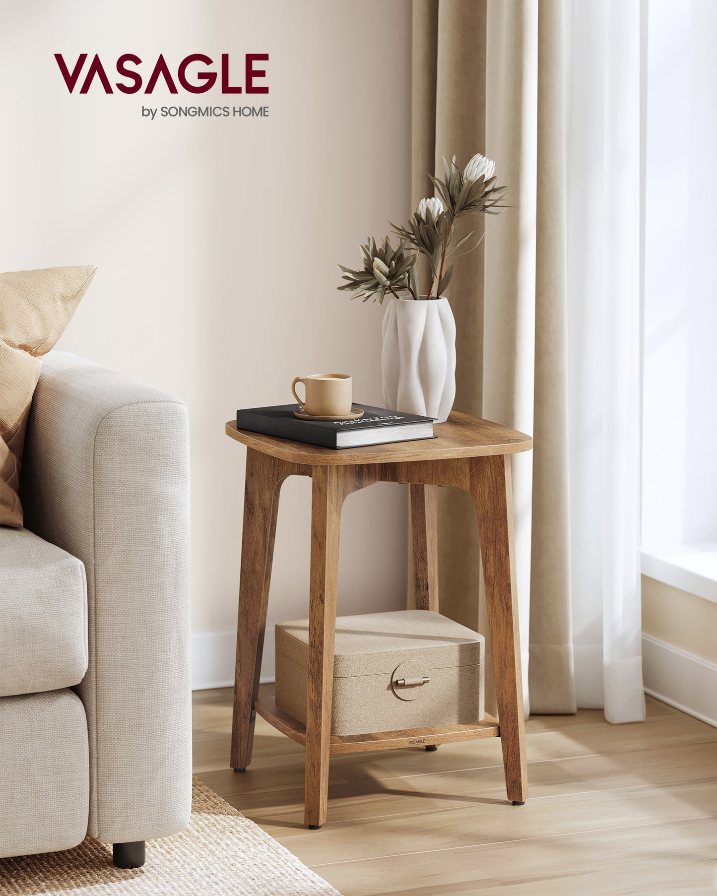 LEDREM Square End Table with Lower Shelf, Modern 2-Tier Nightstand for Small Spaces, 15.7x15.7x21.5 Inches, Honey Brown