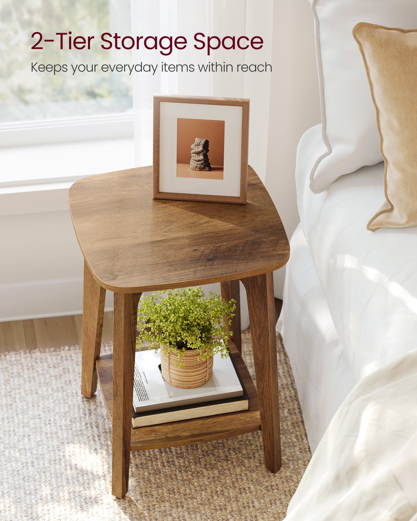 LEDREM Square End Table with Lower Shelf, Modern 2-Tier Nightstand for Small Spaces, 15.7x15.7x21.5 Inches, Honey Brown