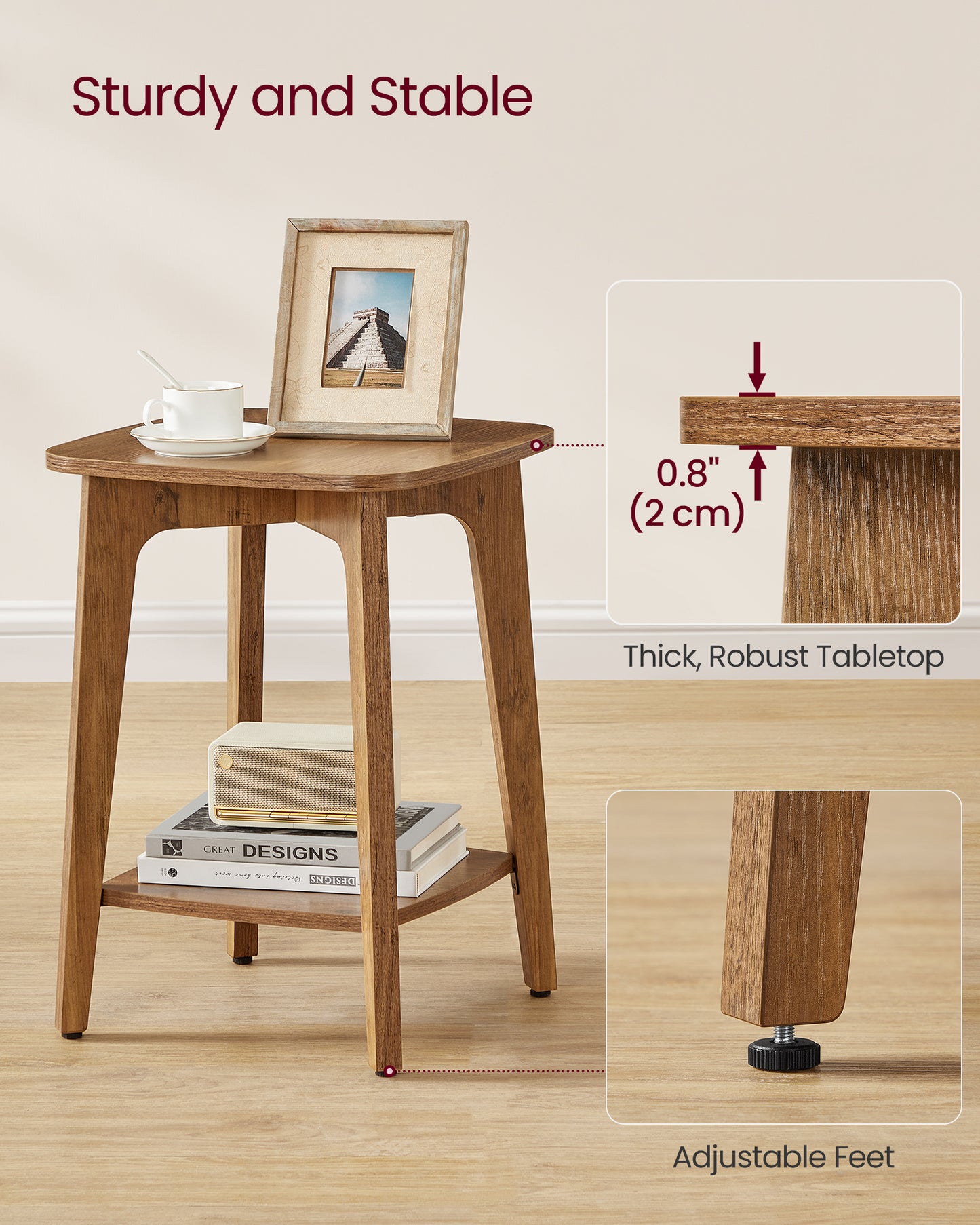 LEDREM Square End Table with Lower Shelf, Modern 2-Tier Nightstand for Small Spaces, 15.7x15.7x21.5 Inches, Honey Brown