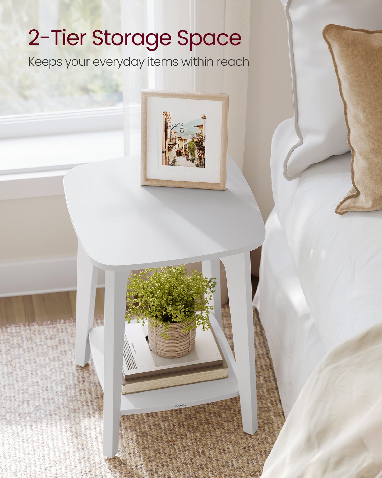 Side Table, Small Square End Table with Lower Shelf, Nightstand for Small Spaces, Living Room, Bedroom, Cloud White