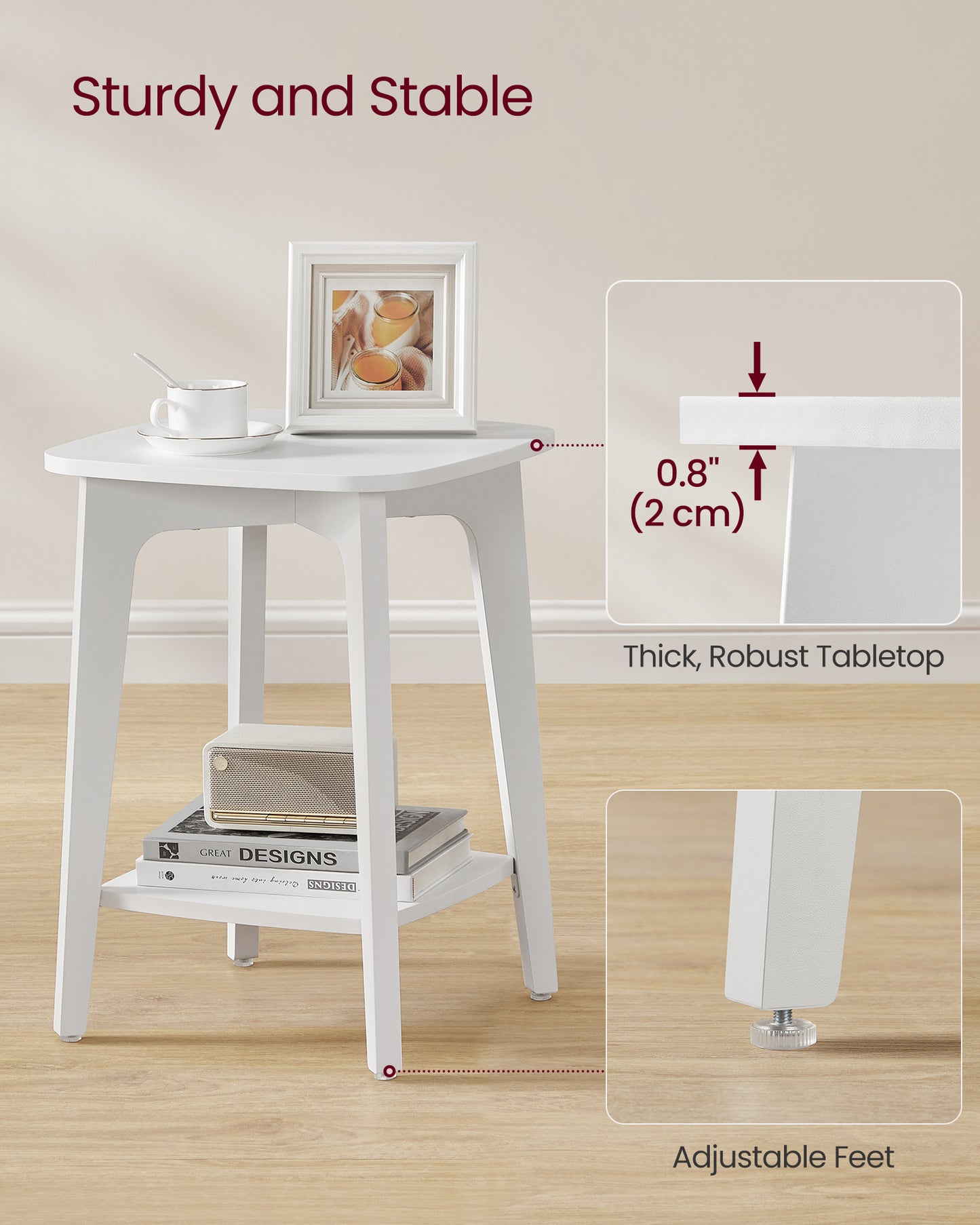 Side Table, Small Square End Table with Lower Shelf, Nightstand for Small Spaces, Living Room, Bedroom, Cloud White