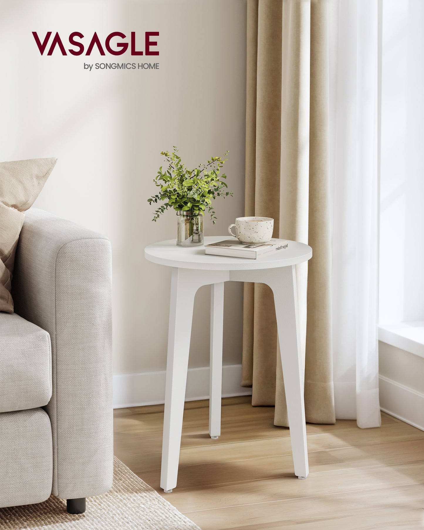 Compact Round Nightstand, Small Side End Table, Mid-Century Modern Style, for Tight Spaces, White