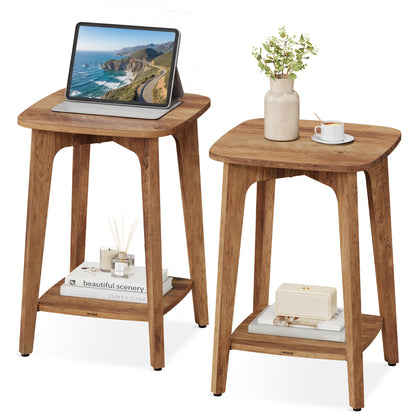 VASAGLE MAEZO Collection - Side Tables, Set of 2, 2-Tier Small Square End Tables, Nightstands with Tapered Legs, Curved Transitions, Honey Brown