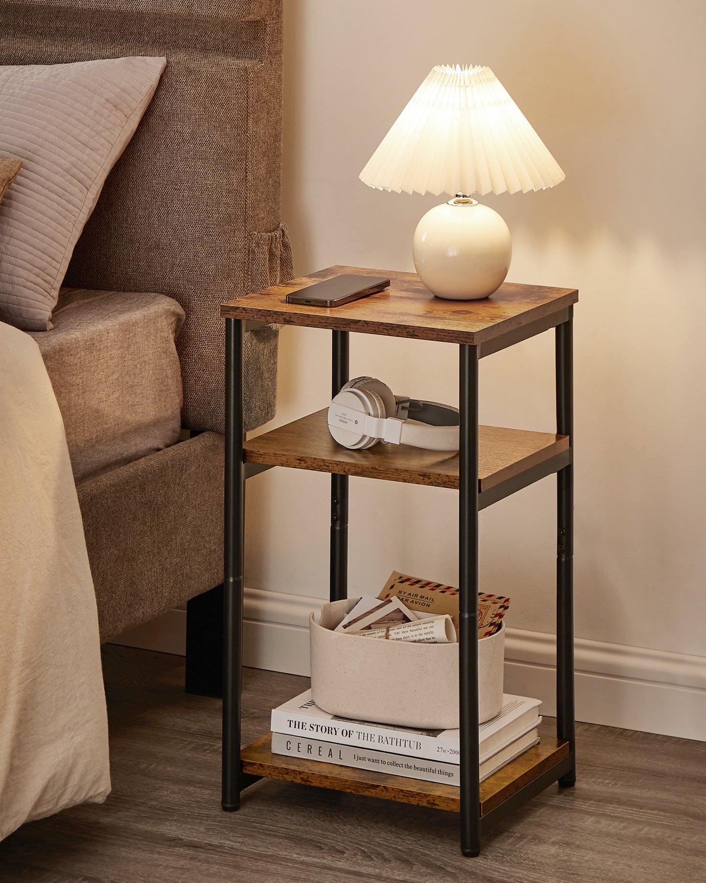 VASAGLE Side Table, Small End Table, Tall Nightstand for Living Room, Bedroom, Office, Bathroom, Rustic Brown and Classic Black