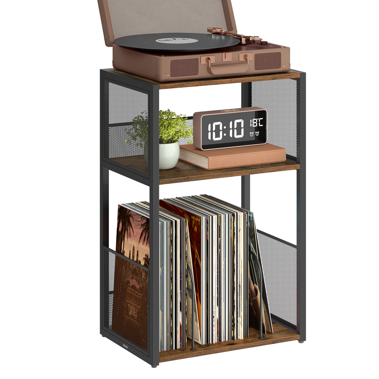 VASAGLE Record Player Stand, 3-Tier Side Table, Vinyl Record Storage up to 100 Albums, End Table for Living Room, Bedroom, Rustic Brown