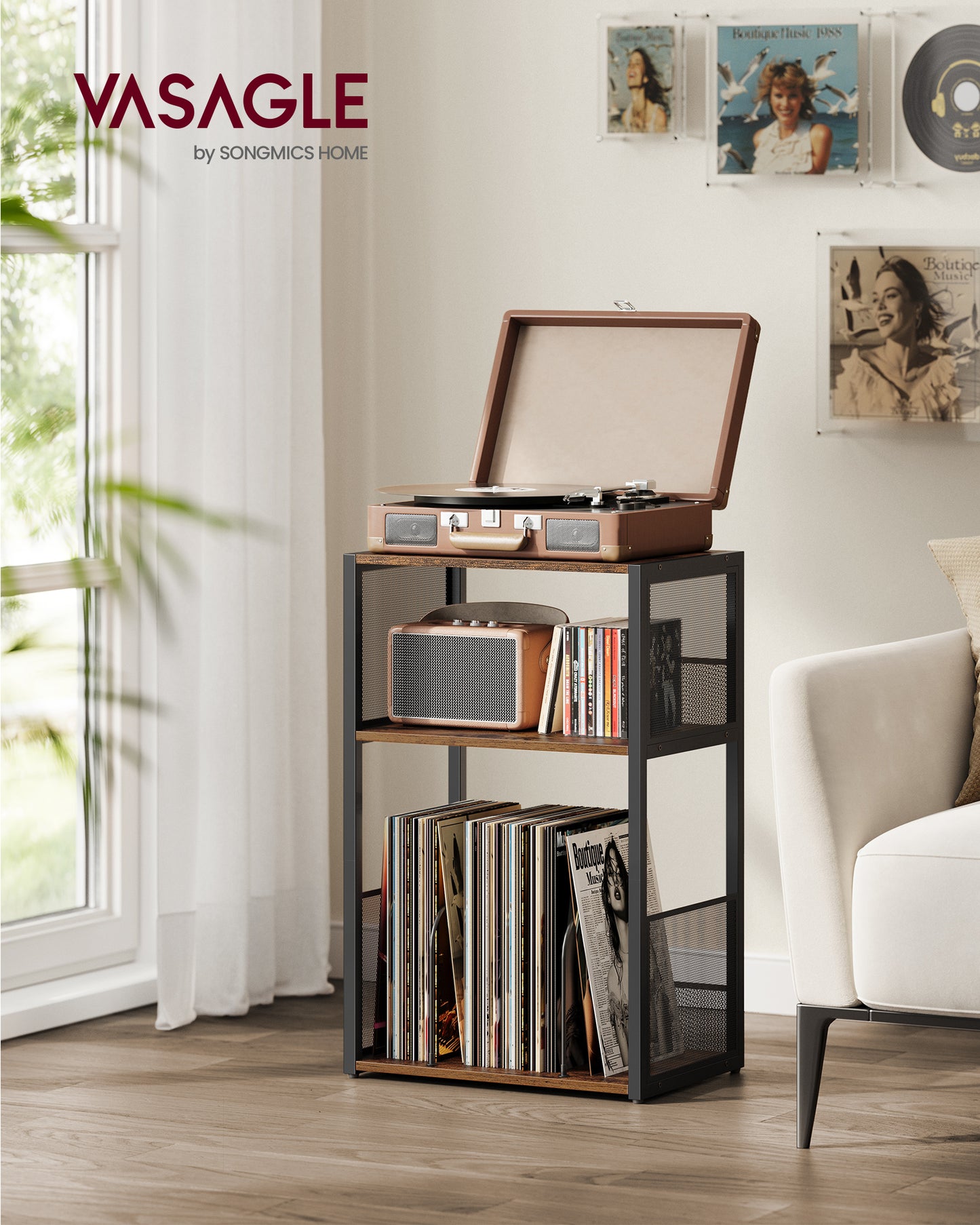 VASAGLE Record Player Stand, 3-Tier Side Table, Vinyl Record Storage up to 100 Albums, End Table for Living Room, Bedroom, Rustic Brown