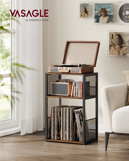 VASAGLE Record Player Stand, 3-Tier Side Table, Vinyl Record Storage up to 100 Albums, End Table for Living Room, Bedroom, Rustic Brown