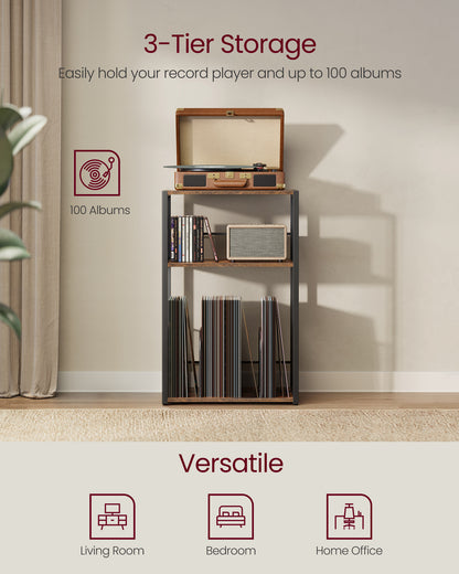 VASAGLE Record Player Stand, 3-Tier Side Table, Vinyl Record Storage up to 100 Albums, End Table for Living Room, Bedroom, Rustic Brown