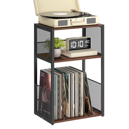 3-Tier Record Player Stand, Vinyl Record Storage for up to 100 Albums, Side Table with Removable Dividers for Living Room Bedroom, Natural Walnut