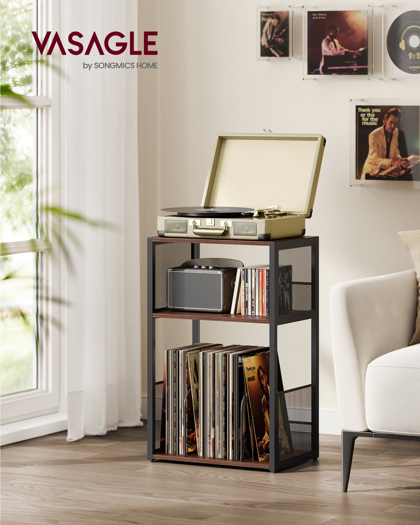 3-Tier Record Player Stand, Vinyl Record Storage for up to 100 Albums, Side Table with Removable Dividers for Living Room Bedroom, Natural Walnut