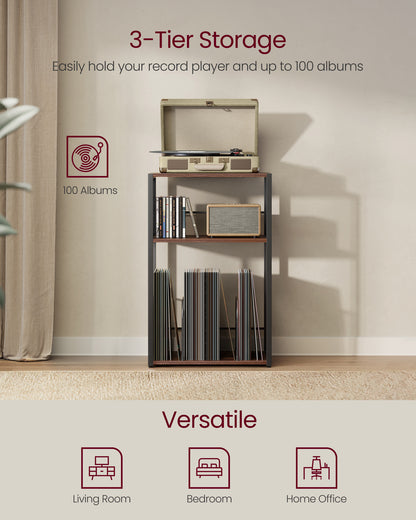 3-Tier Record Player Stand, Vinyl Record Storage for up to 100 Albums, Side Table with Removable Dividers for Living Room Bedroom, Natural Walnut