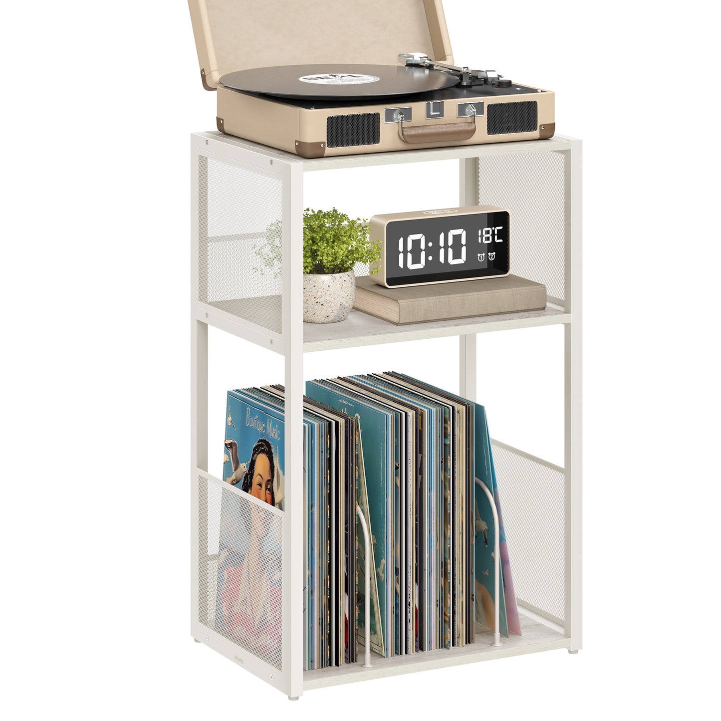 3 - Tier Record Player Stand & Side Table - Holds up to 100 Vinyl Records, Ideal for Living & Bedroom, White