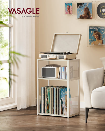 3 - Tier Record Player Stand & Side Table - Holds up to 100 Vinyl Records, Ideal for Living & Bedroom, White
