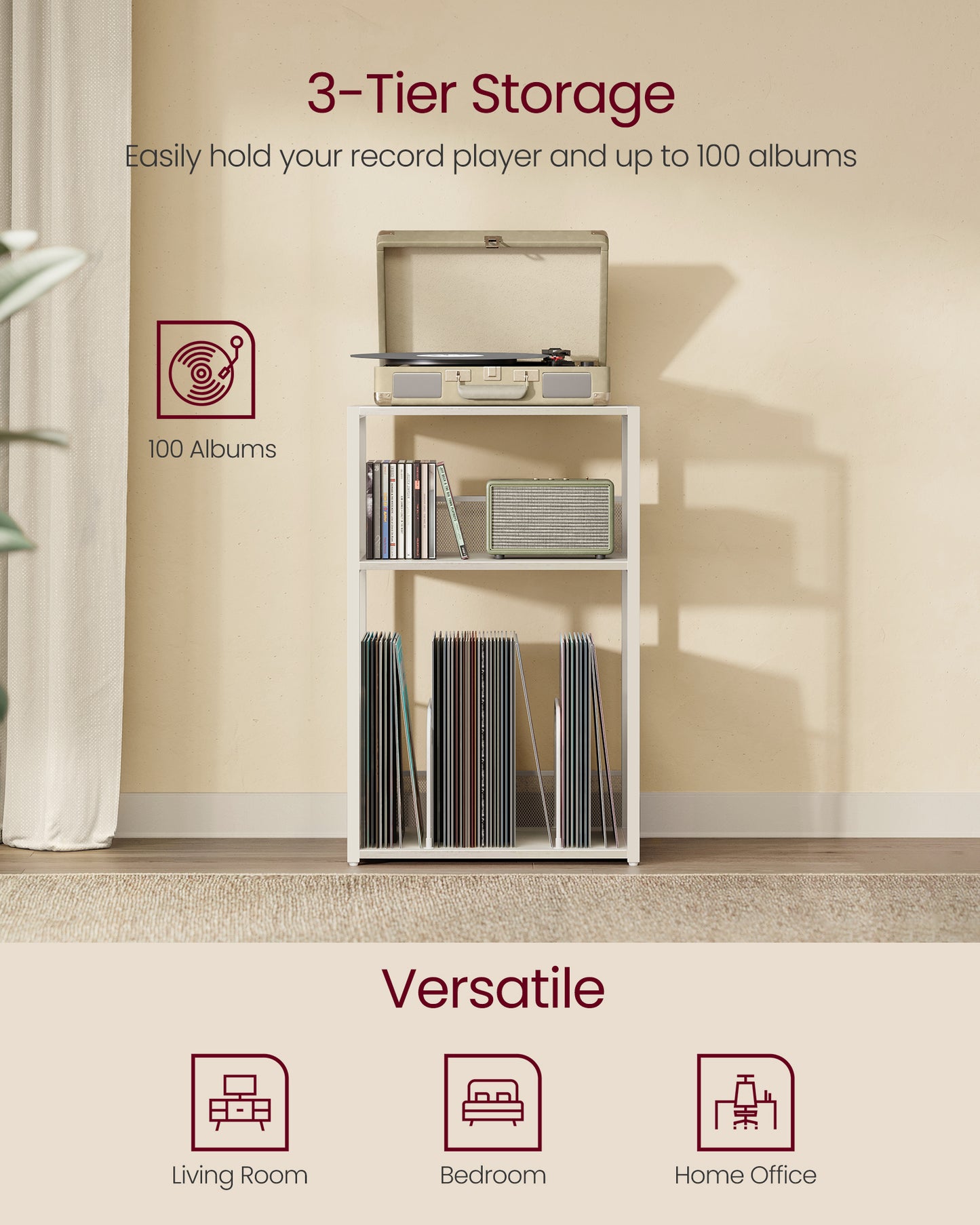 3 - Tier Record Player Stand & Side Table - Holds up to 100 Vinyl Records, Ideal for Living & Bedroom, White