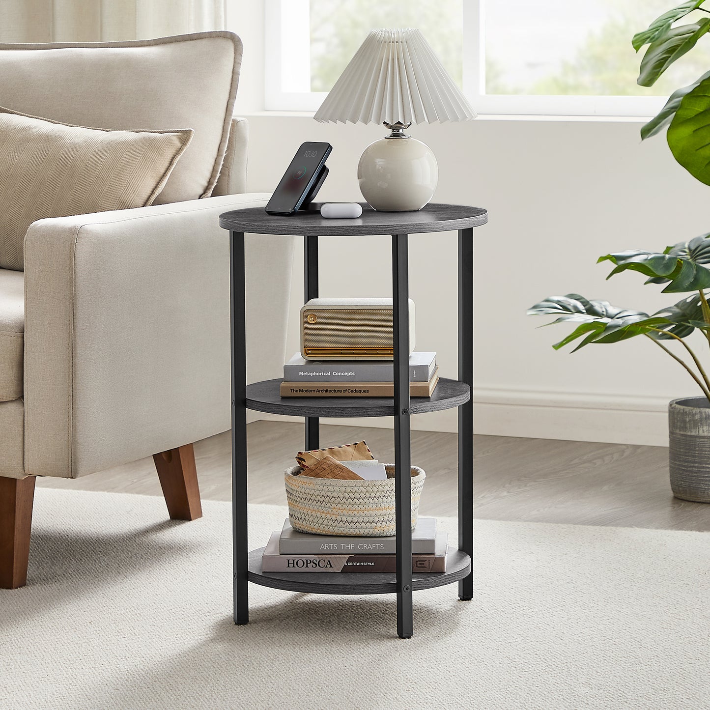 VASAGLE Sofa Side Table, Round Coffee End Table, 3-Tier Accent Table with Steel Frame, Gray
