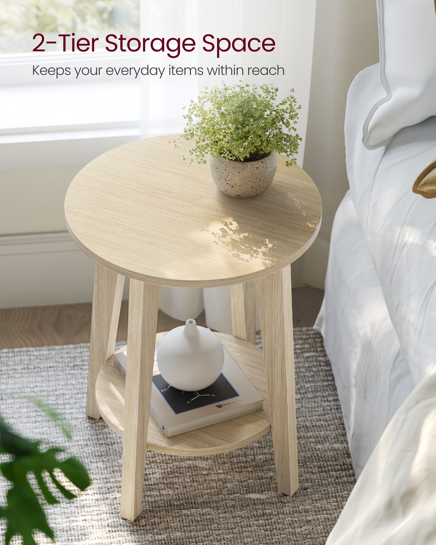 2-Tier Small Round End Table, Nightstand with Tapered Legs