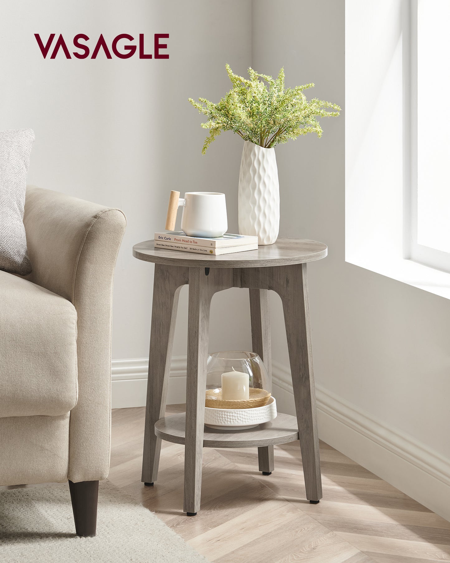 Round End Table Farmhouse Small Side Table Living Room Corner Table Drink Table Greige
