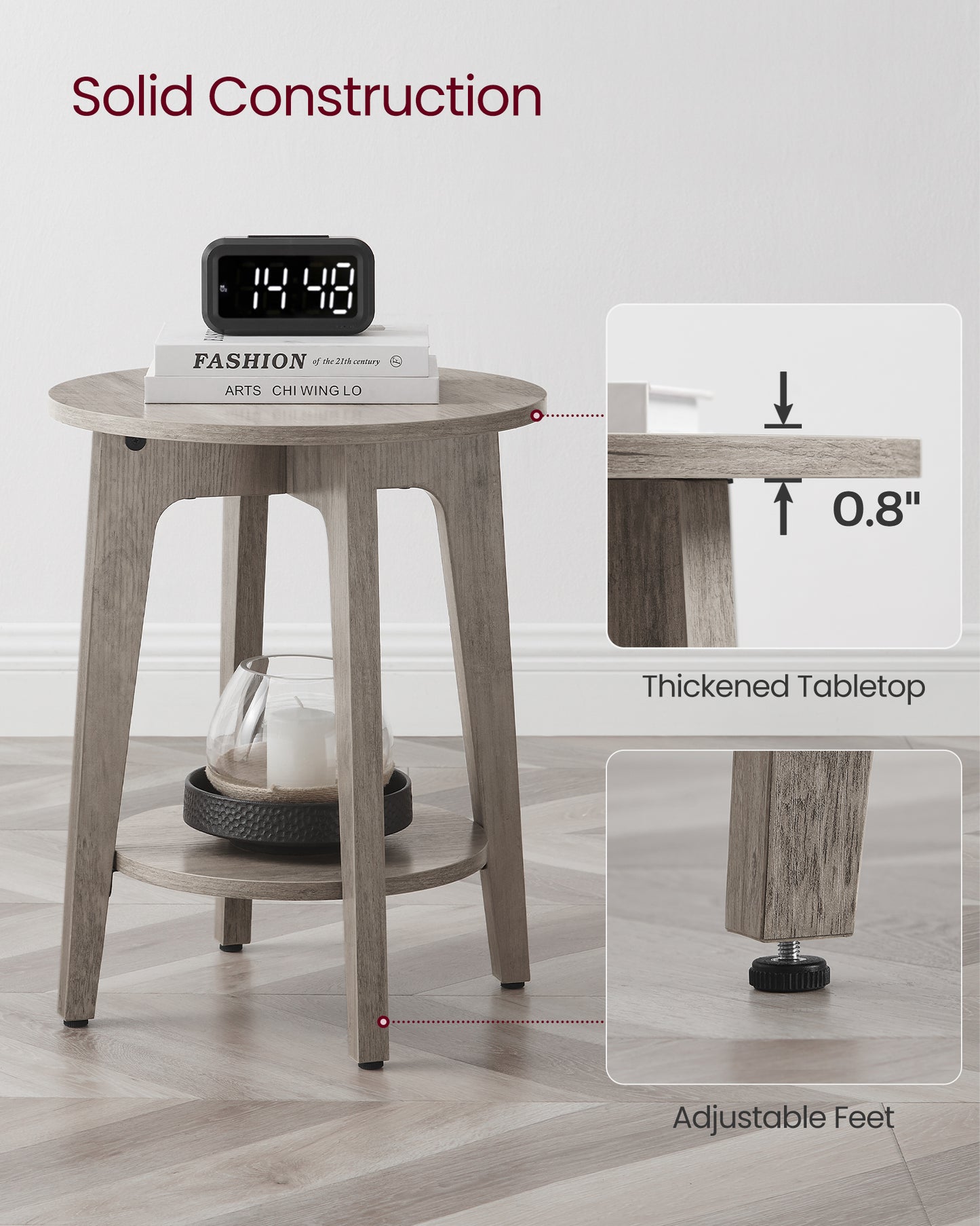 Round End Table Farmhouse Small Side Table Living Room Corner Table Drink Table Greige