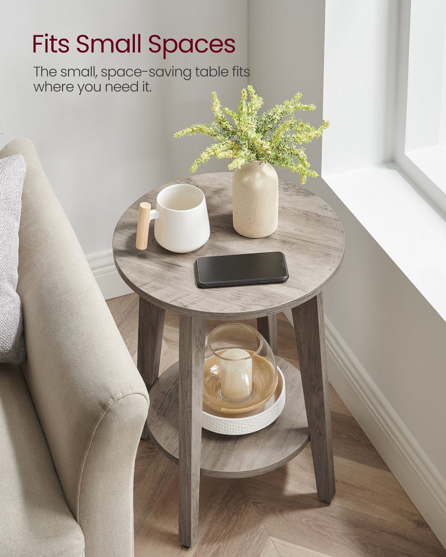Round End Table Farmhouse Small Side Table Living Room Corner Table Drink Table Greige