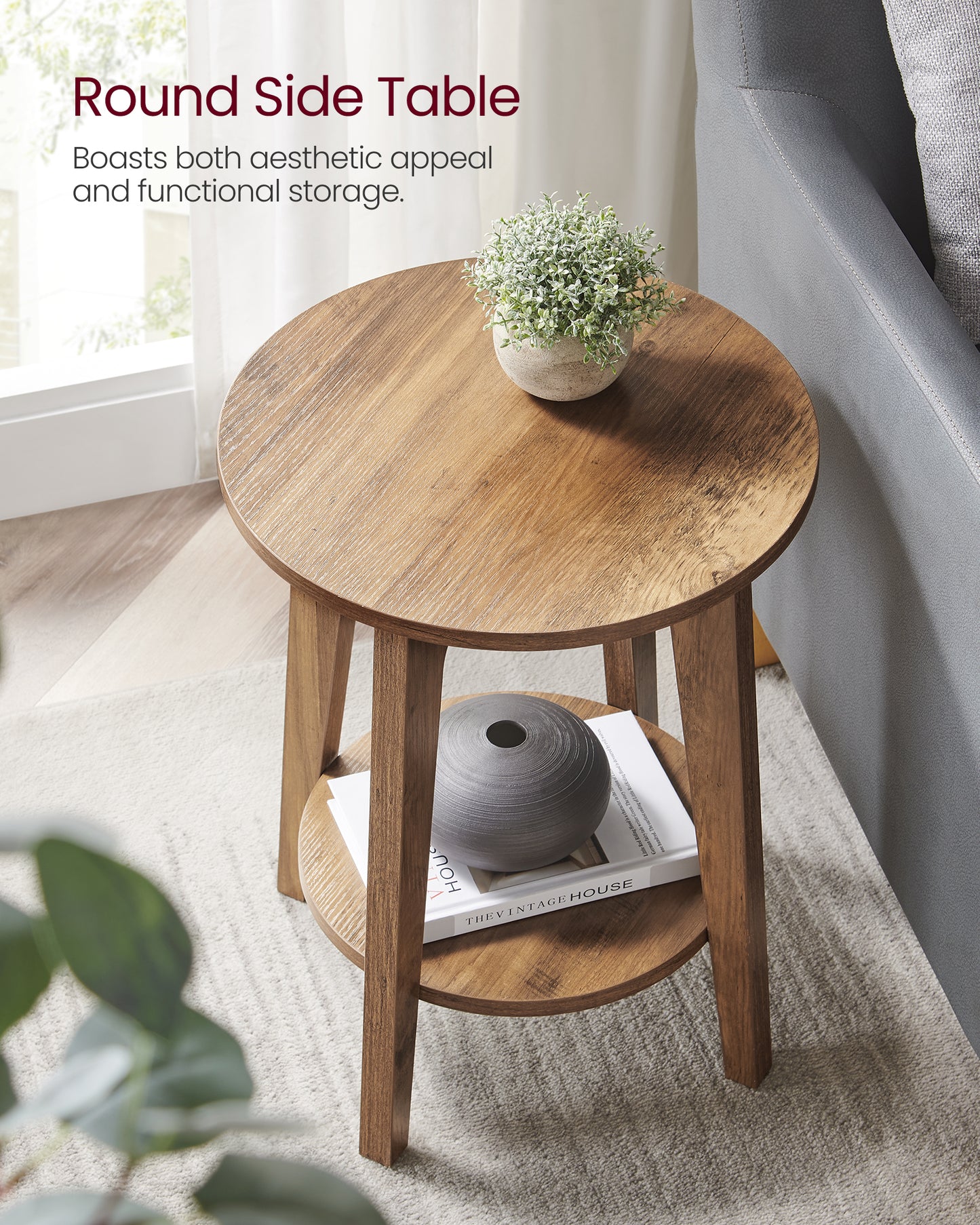 Round End Table Farmhouse Small Side Table Living Room Corner Table Drink Table Rustic Walnut