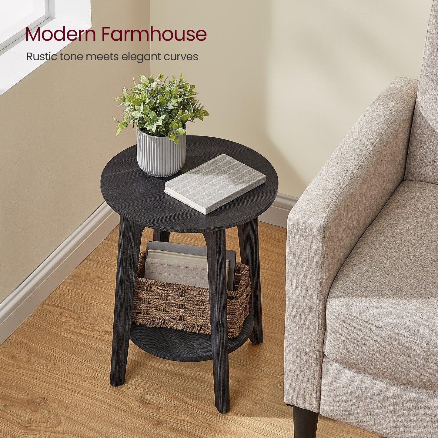 Side Table, Modern Farmhouse Nightstand, Small Round End Table with Lower Shelf for Small Spaces