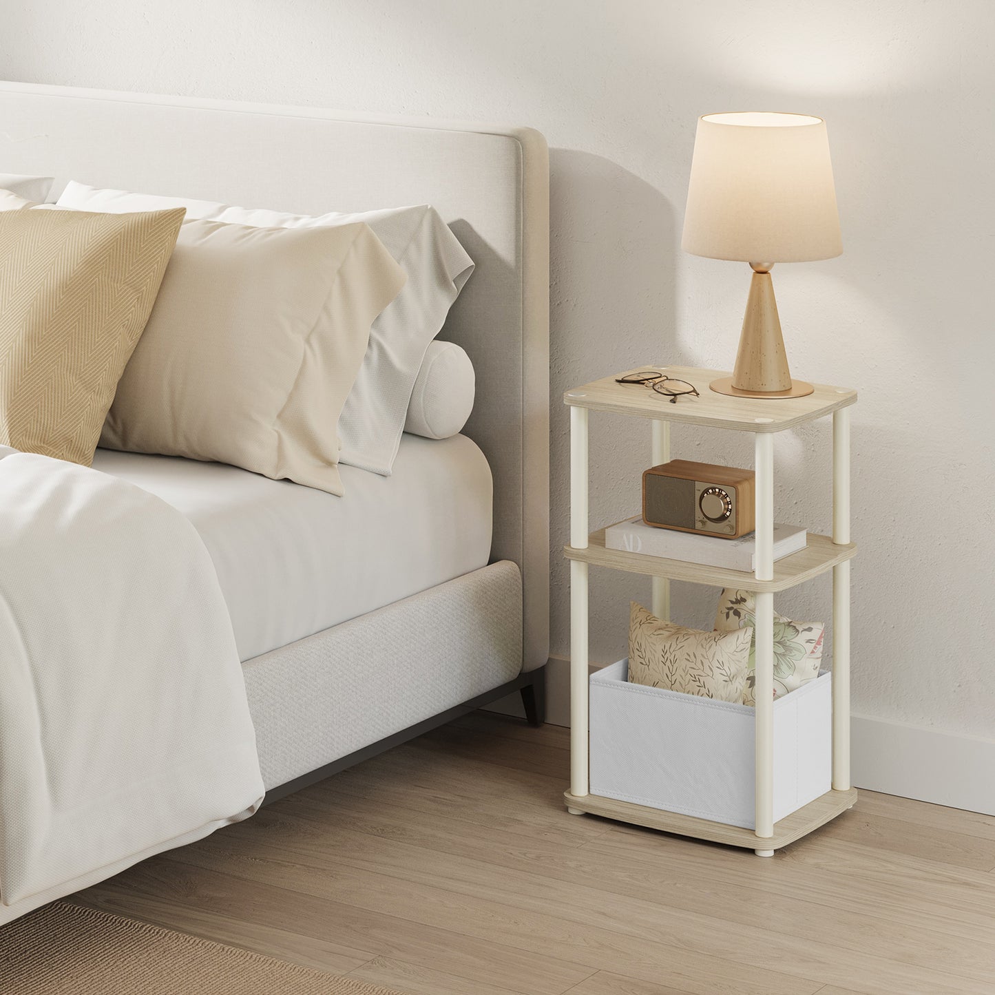 Side Table, 3-Tier Nightstand with Storage, End Table with Fabric Basket, for Bedroom, Living Room, Steel Frame, Superfast Toolless Assembly, Modern, Natural Beige