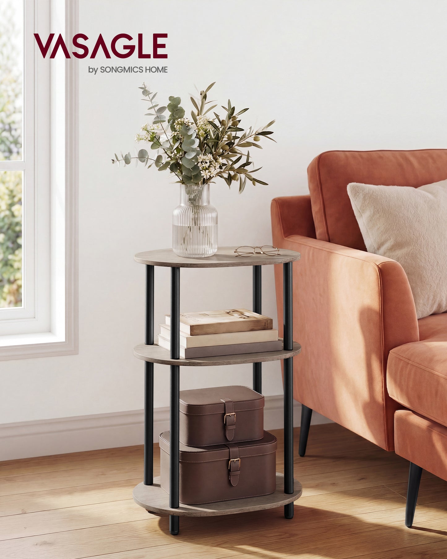 VASAGLE Side Table, Small End Table, Tall Nightstand for Living Room, Bedroom, Office, Bathroom, Steel Frame, Heather Greige and Ink Black