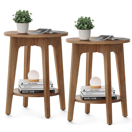 Set of 2 Rustic Walnut Small Round Side Tables. Each features a lower shelf, perfect as nightstands for small spaces in living rooms or bedrooms.