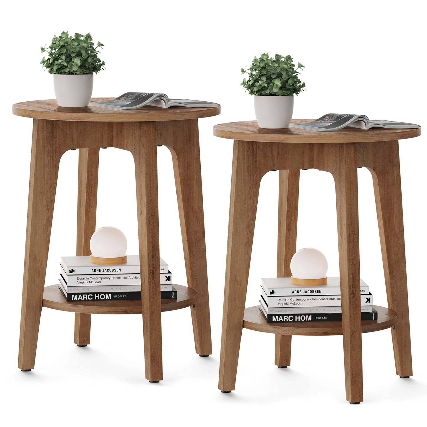 Set of 2 Round End Table Farmhouse Small Side Table Living Room Corner Table Drink Table Rustic Walnut