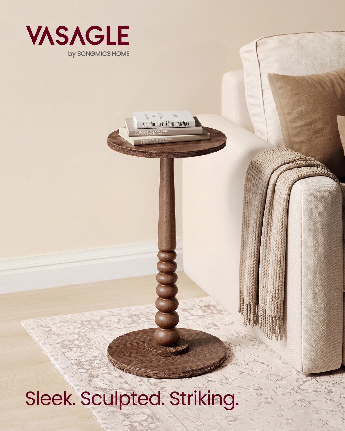 VASAGLE MARIEL Collection - Side Table, Accent Nightstand, Round End Drink Table, Solid Wood Leg, Mid-Century Modern, Chestnut Walnut