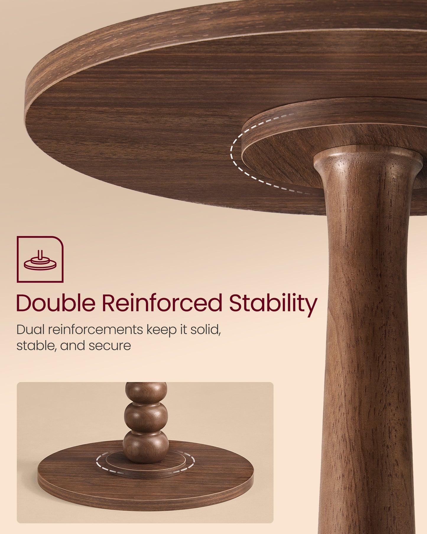 VASAGLE MARIEL Collection - Side Table, Accent Nightstand, Round End Drink Table, Solid Wood Leg, Mid-Century Modern, Chestnut Walnut