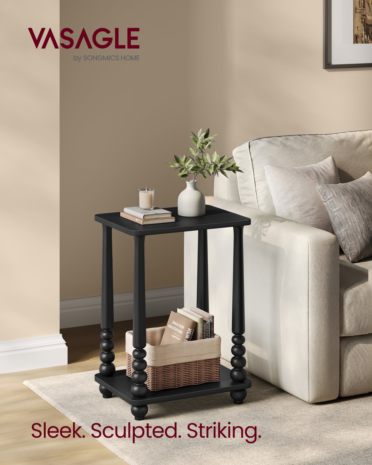 VASAGLE MARIEL Collection - Side Table, Accent Nightstand for Small Spaces, Rectangular End Table with Shelf, Solid Wood Legs, Ink Black